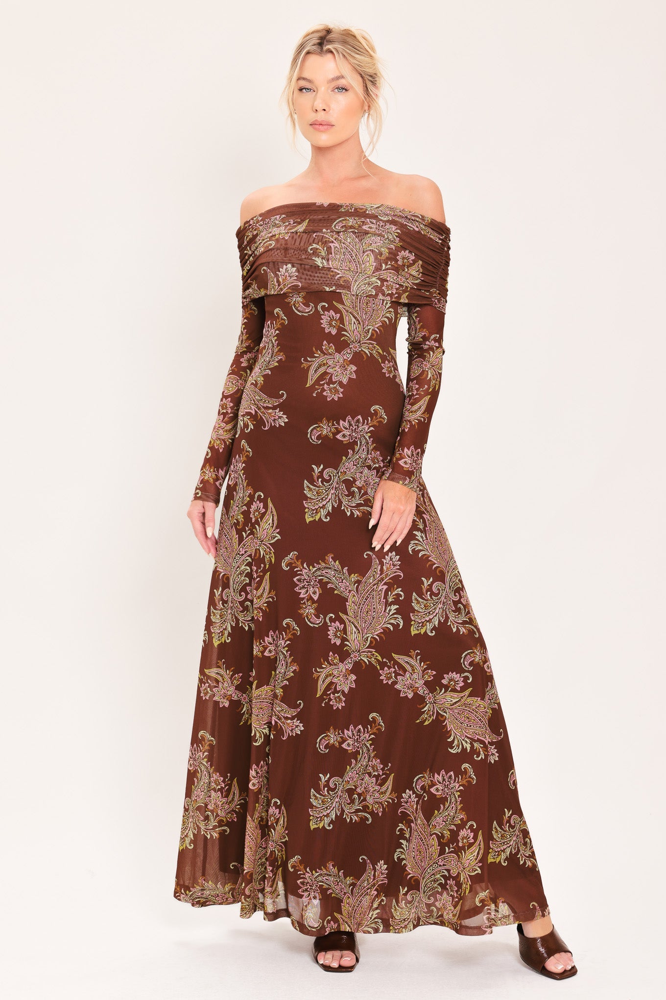BURNT SIENNA SERENADE POWER MESH MAXI MAXI DRESS
