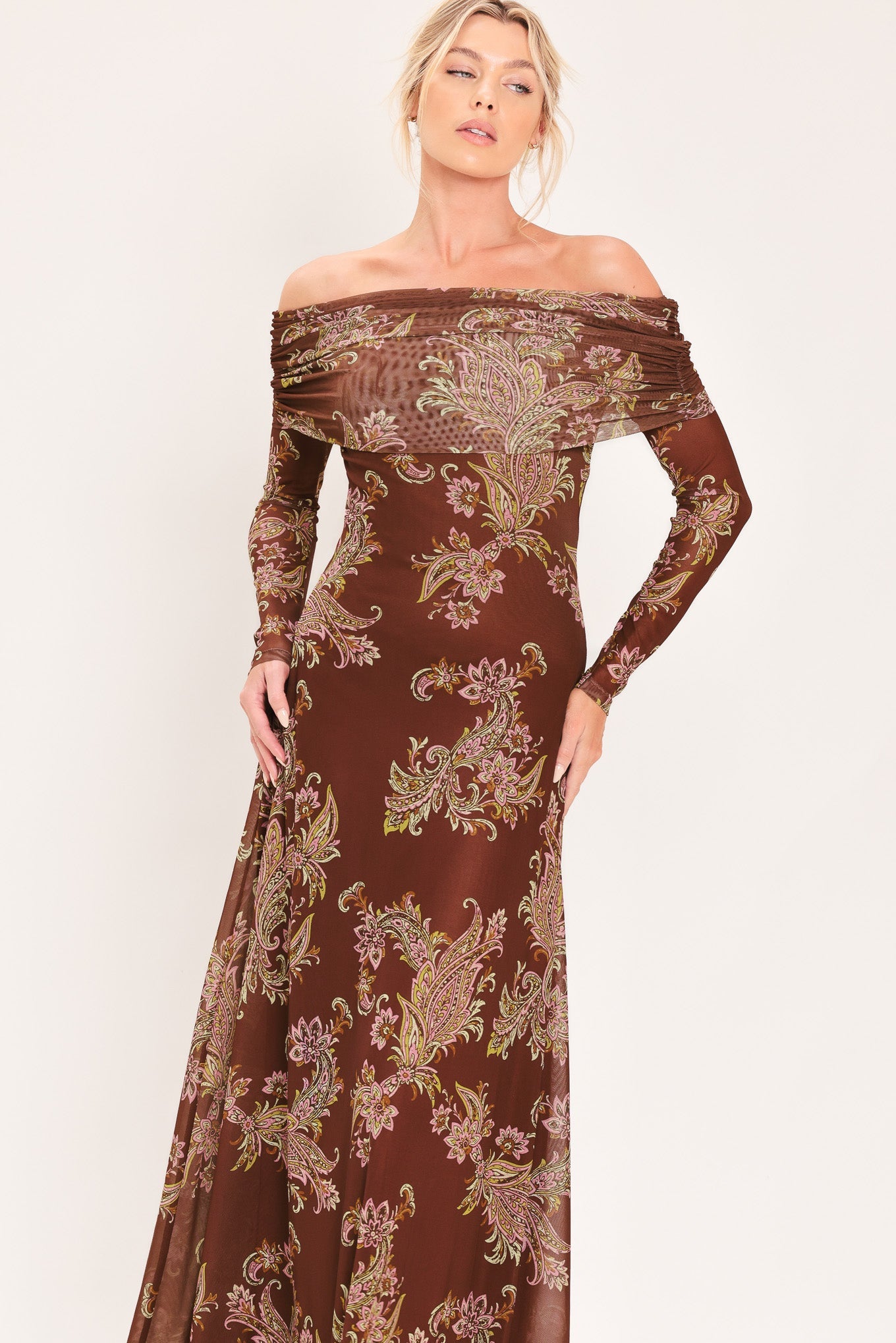BURNT SIENNA SERENADE POWER MESH MAXI MAXI DRESS