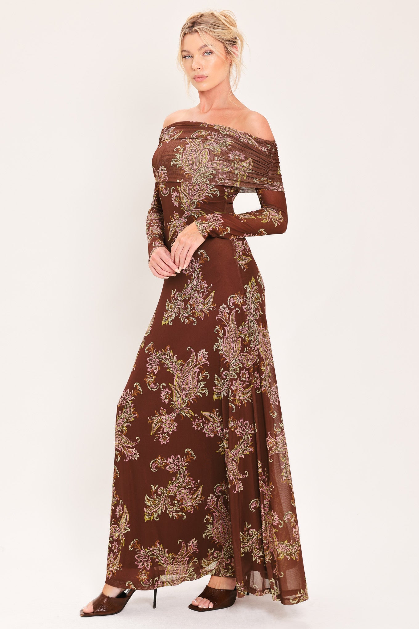 BURNT SIENNA SERENADE POWER MESH MAXI MAXI DRESS