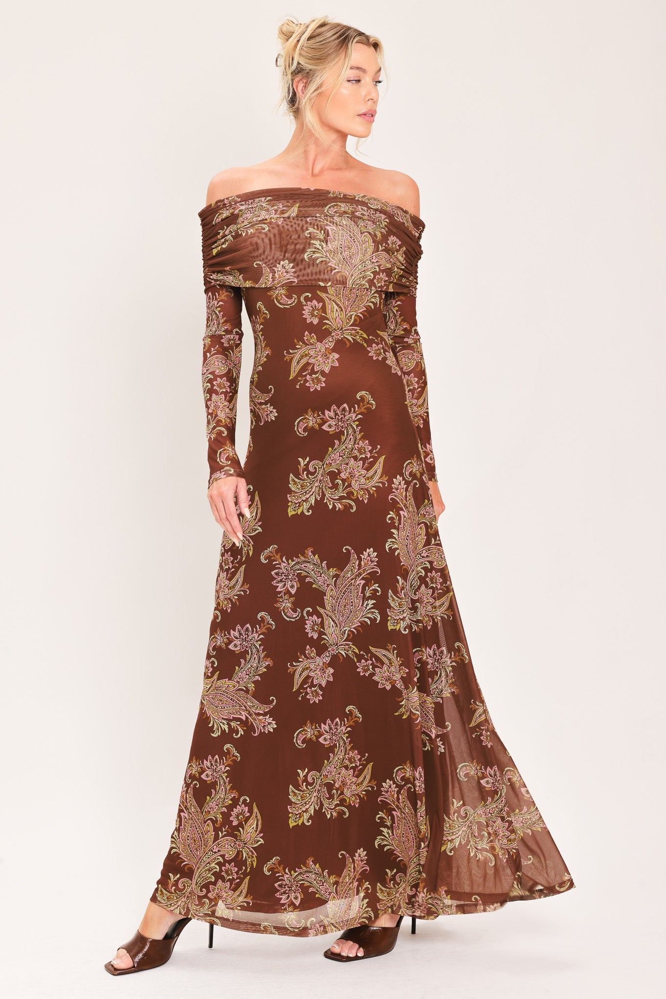 BURNT SIENNA SERENADE POWER MESH MAXI MAXI DRESS