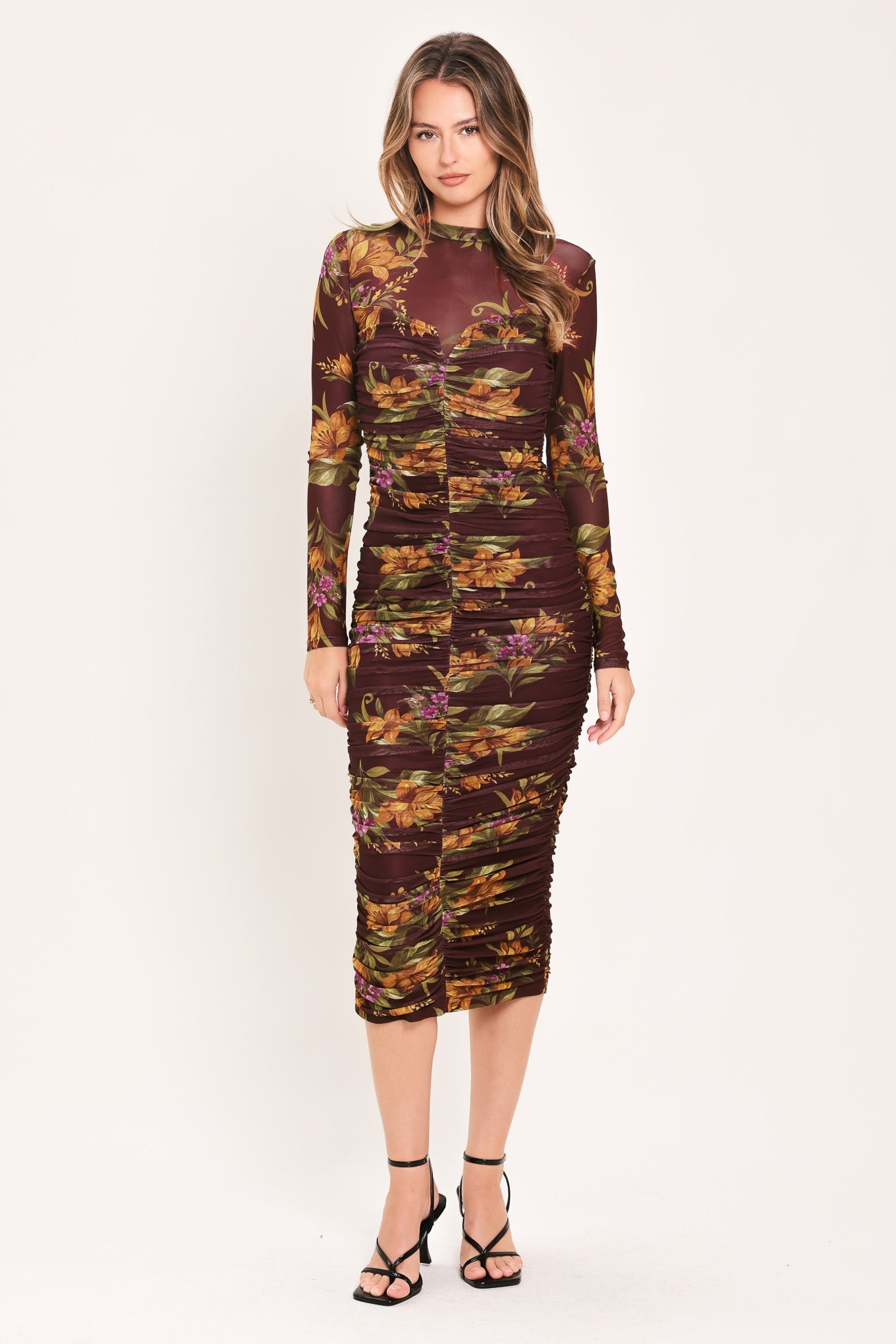 RUSSET FLORAL ELEGANCE POWER MESH MIDI DRESS