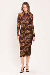 RUSSET FLORAL ELEGANCE POWER MESH MIDI DRESS