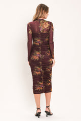 RUSSET FLORAL ELEGANCE POWER MESH MIDI DRESS