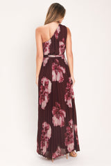 CRIMSON AFFAIR BURGUNDY PLEATED ONE-SHOULDER MAXI DRESS