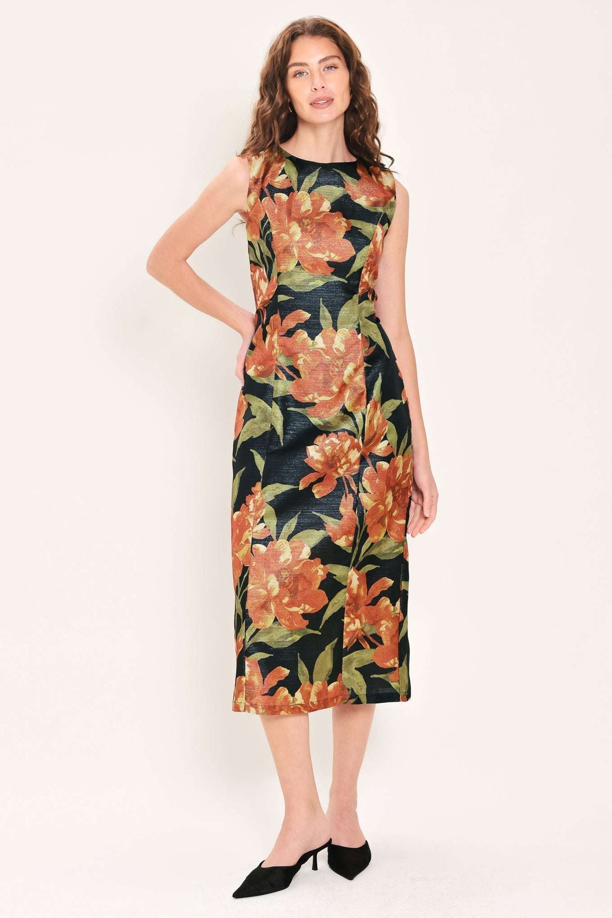 STARRY NOIR BLACK METALLIC TEXTURED COLUMN DRESS