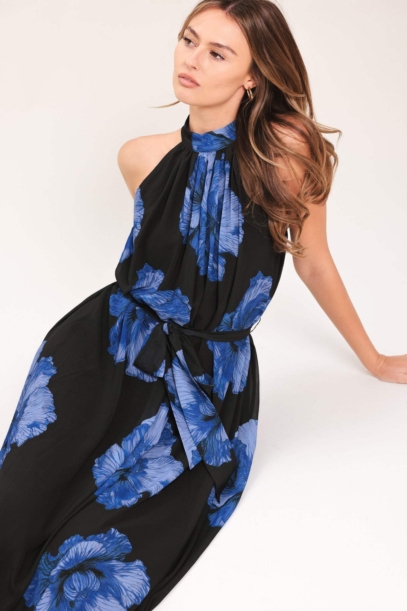 EVENING ORCHARD WOVEN HALTER MAXI DRESS