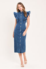 SWEETHEART BUTTON PARADE DENIM MIDI DRESS