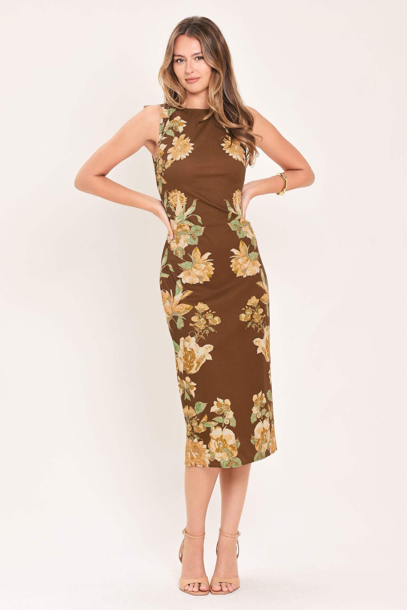 SEPIA FLORA SCULPTURE WOVEN MIDI DRESS - Flying Tomato - Flyclothing LLC