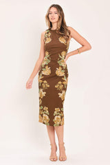 SEPIA FLORA SCULPTURE WOVEN MIDI DRESS - Flying Tomato - Flyclothing LLC