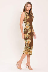 SEPIA FLORA SCULPTURE WOVEN MIDI DRESS - Flying Tomato - Flyclothing LLC