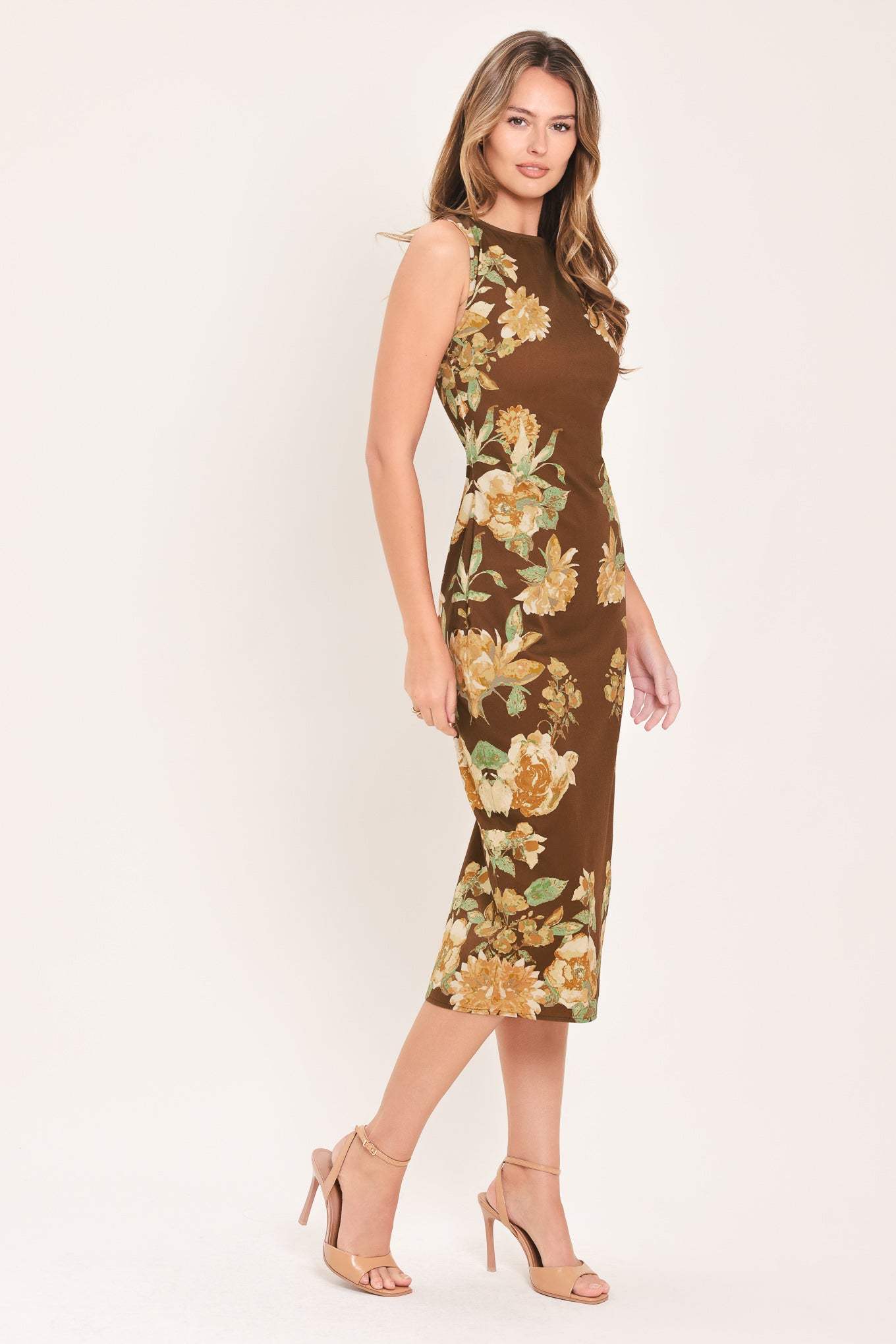SEPIA FLORA SCULPTURE WOVEN MIDI DRESS - Flying Tomato - Flyclothing LLC