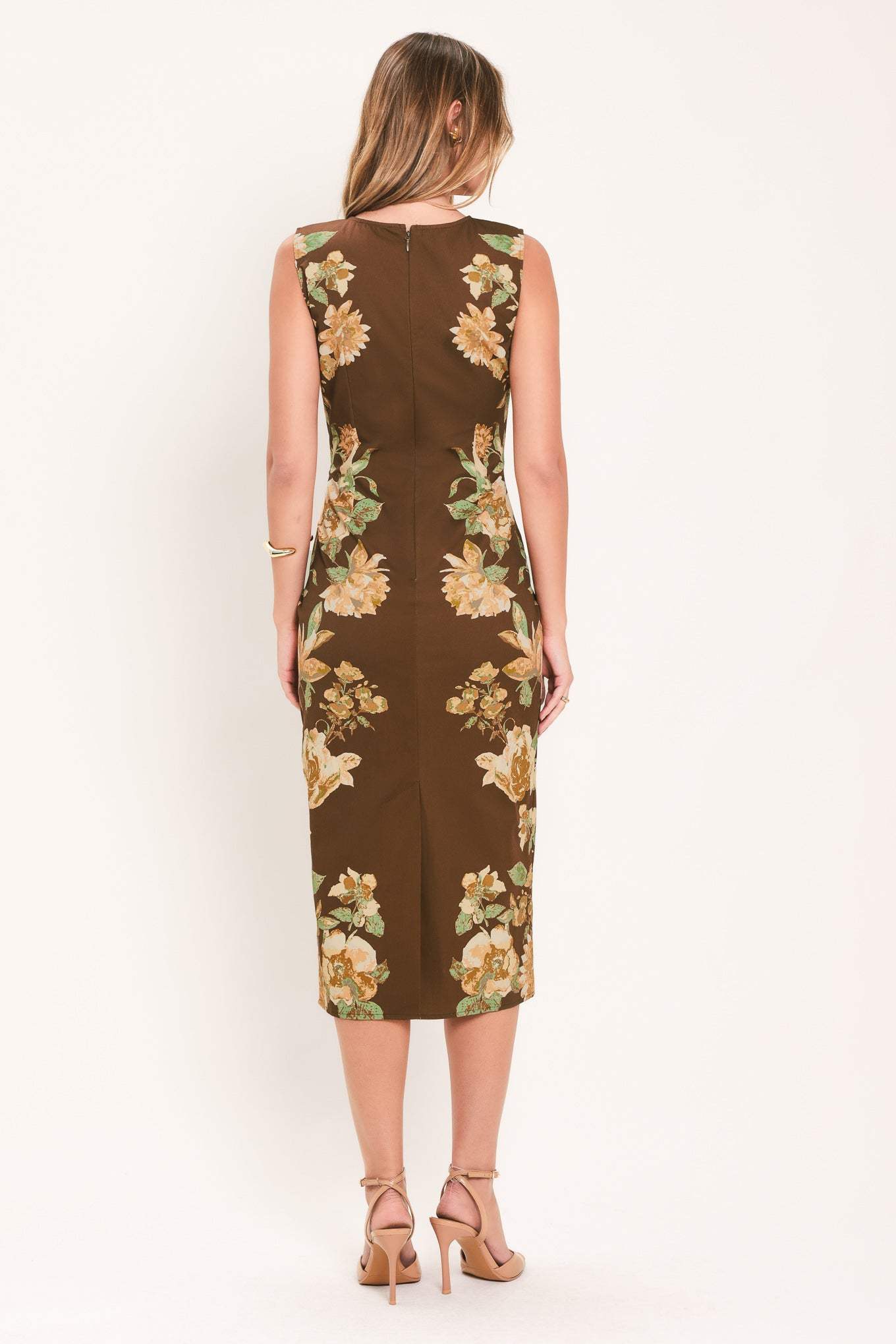 SEPIA FLORA SCULPTURE WOVEN MIDI DRESS - Flying Tomato - Flyclothing LLC