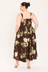 WINE GARDEN LULLABY WOVEN MIDI DRESS