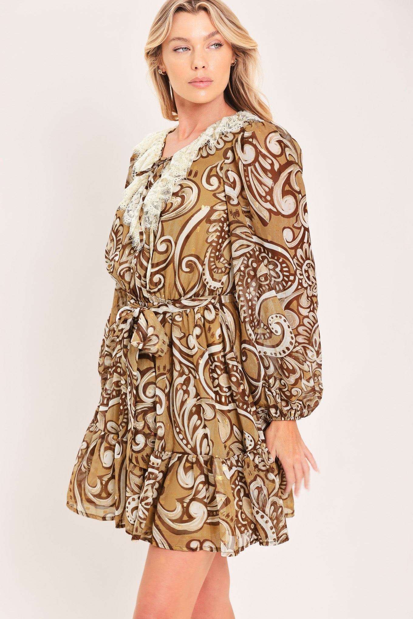 HAZELNUT LACE STORY WOVEN MINI DRESS