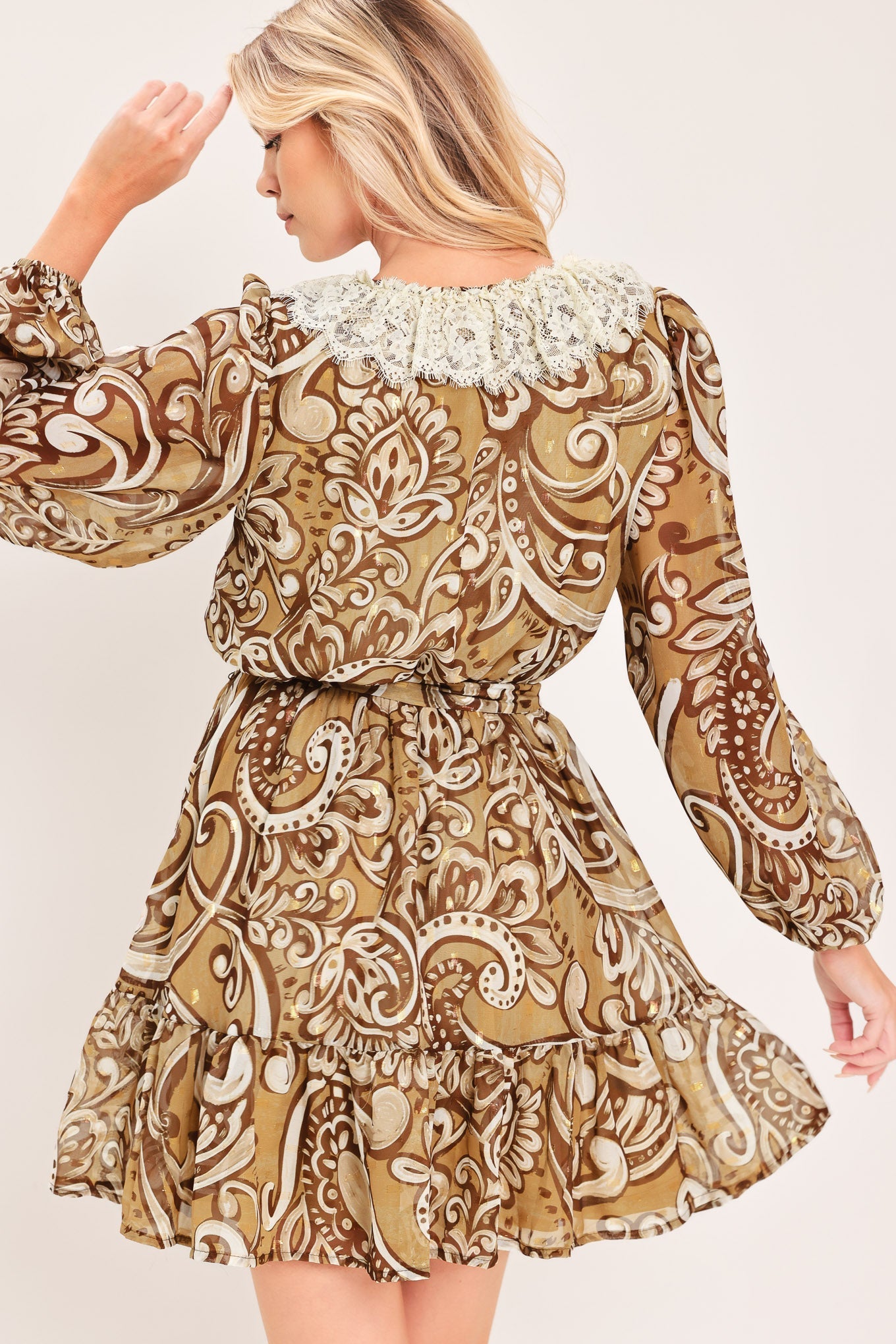 HAZELNUT LACE STORY WOVEN MINI DRESS