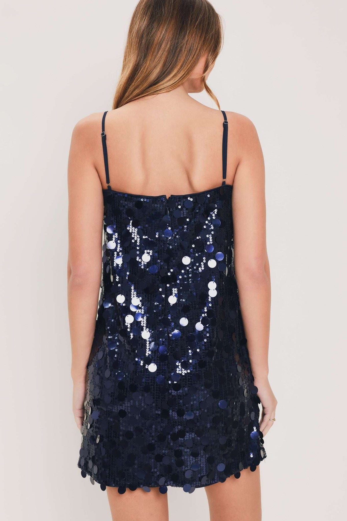 STARRY NAVY SEQUIN SHIFT MINI DRESS