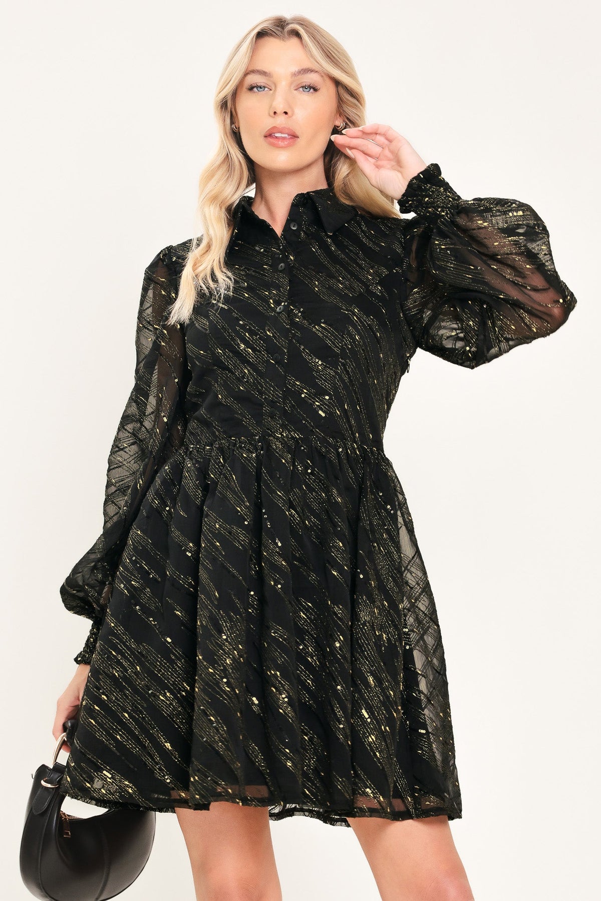 GILDED NOIR BLACK/GOLD METALLIC BUTTON-DOWN MINI DRESS - Flying Tomato - Flyclothing LLC