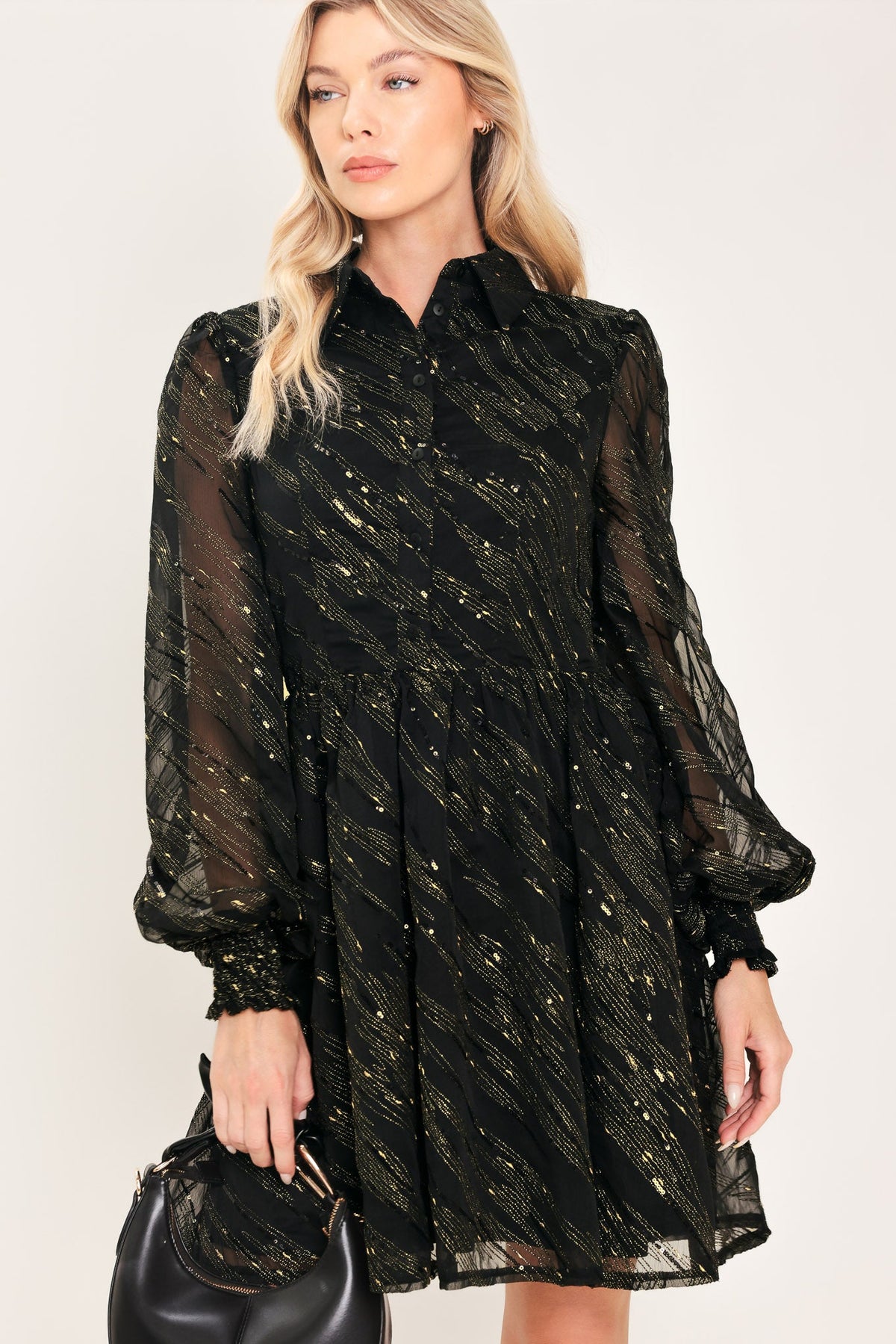 GILDED NOIR BLACK/GOLD METALLIC BUTTON-DOWN MINI DRESS - Flying Tomato - Flyclothing LLC
