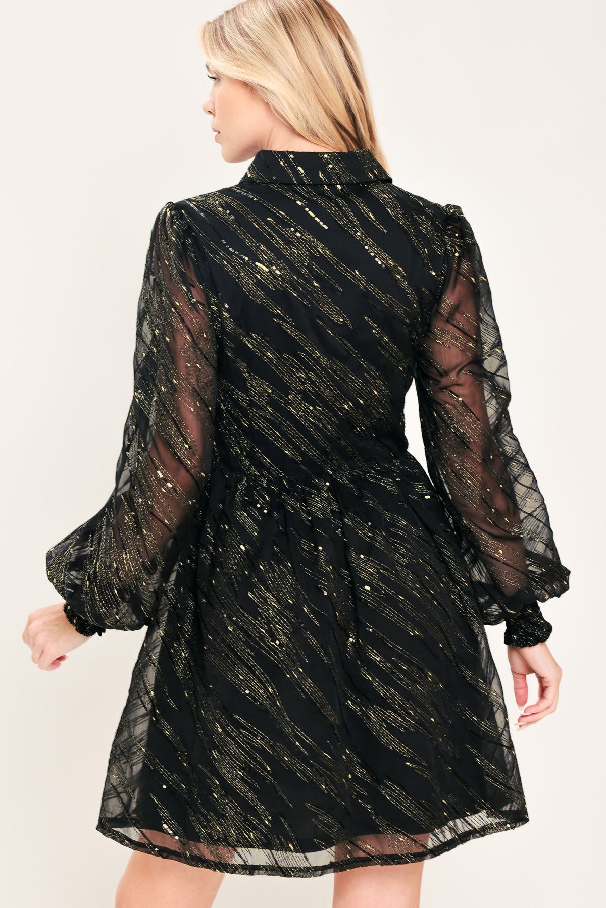GILDED NOIR BLACK/GOLD METALLIC BUTTON-DOWN MINI DRESS - Flying Tomato - Flyclothing LLC