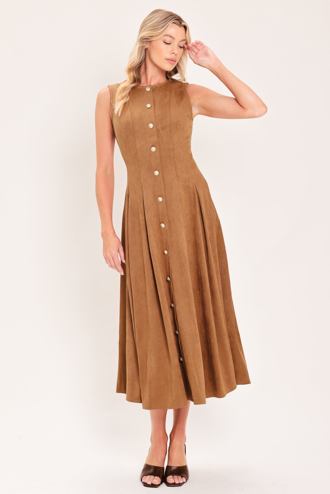 SADDLE SUEDE SWING FAUX SUEDE MIDI DRESS