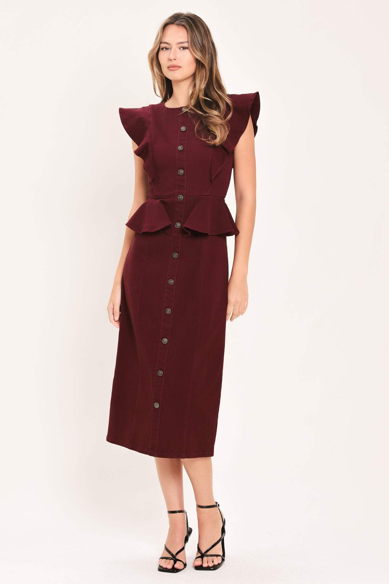 BURGUNDY RUFFLE REVERENCE WOVEN MIDI DRESS