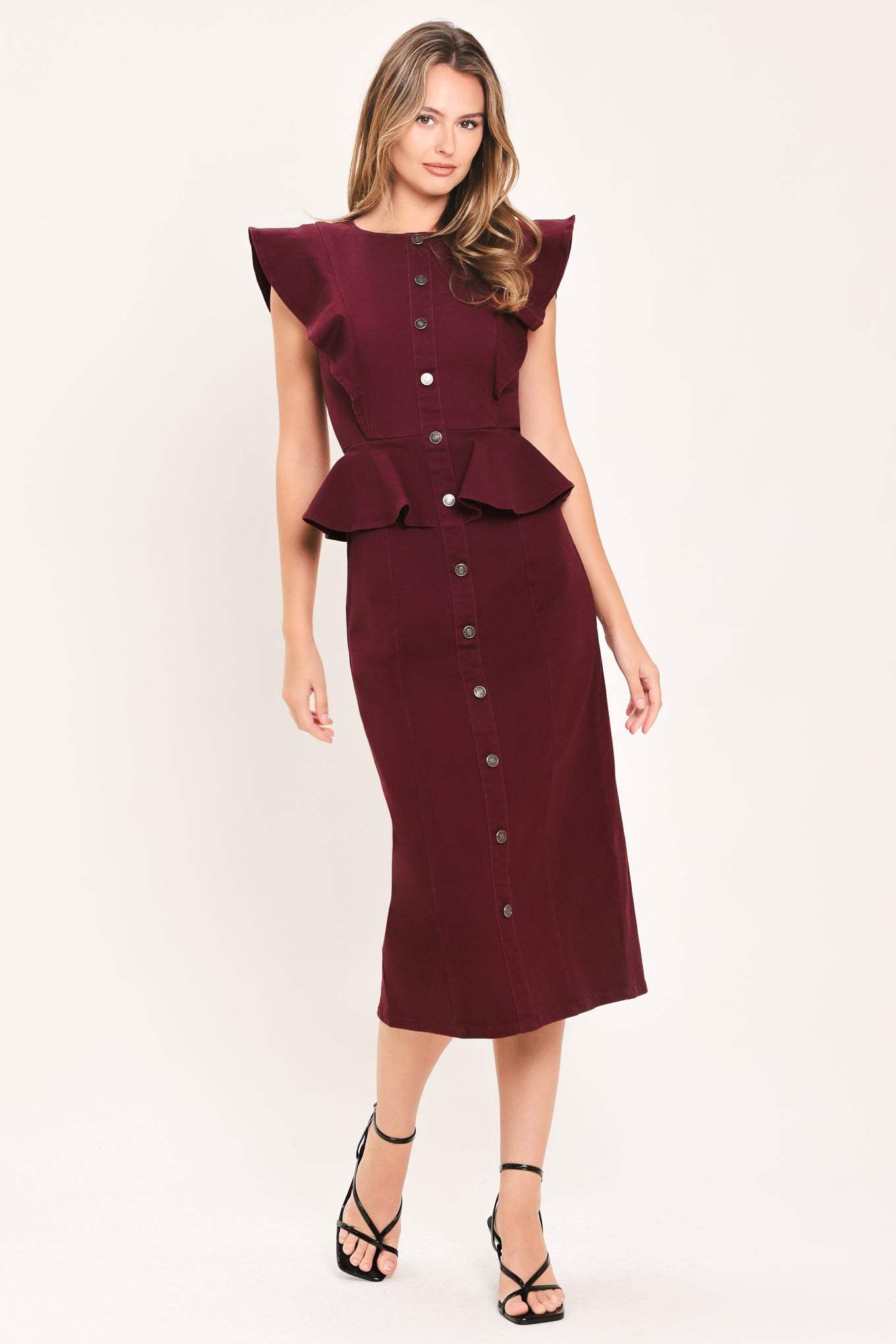 BURGUNDY RUFFLE REVERENCE WOVEN MIDI DRESS