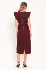 BURGUNDY RUFFLE REVERENCE WOVEN MIDI DRESS