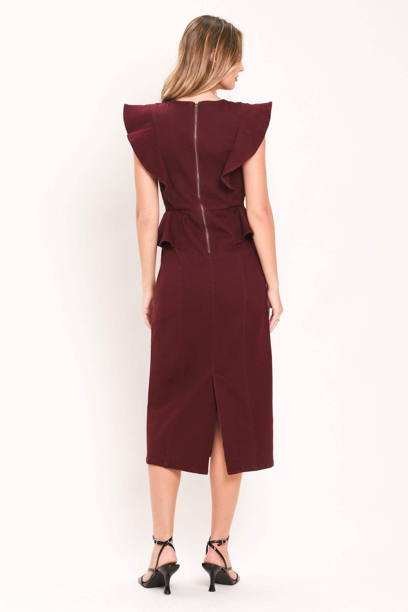 BURGUNDY RUFFLE REVERENCE WOVEN MIDI DRESS