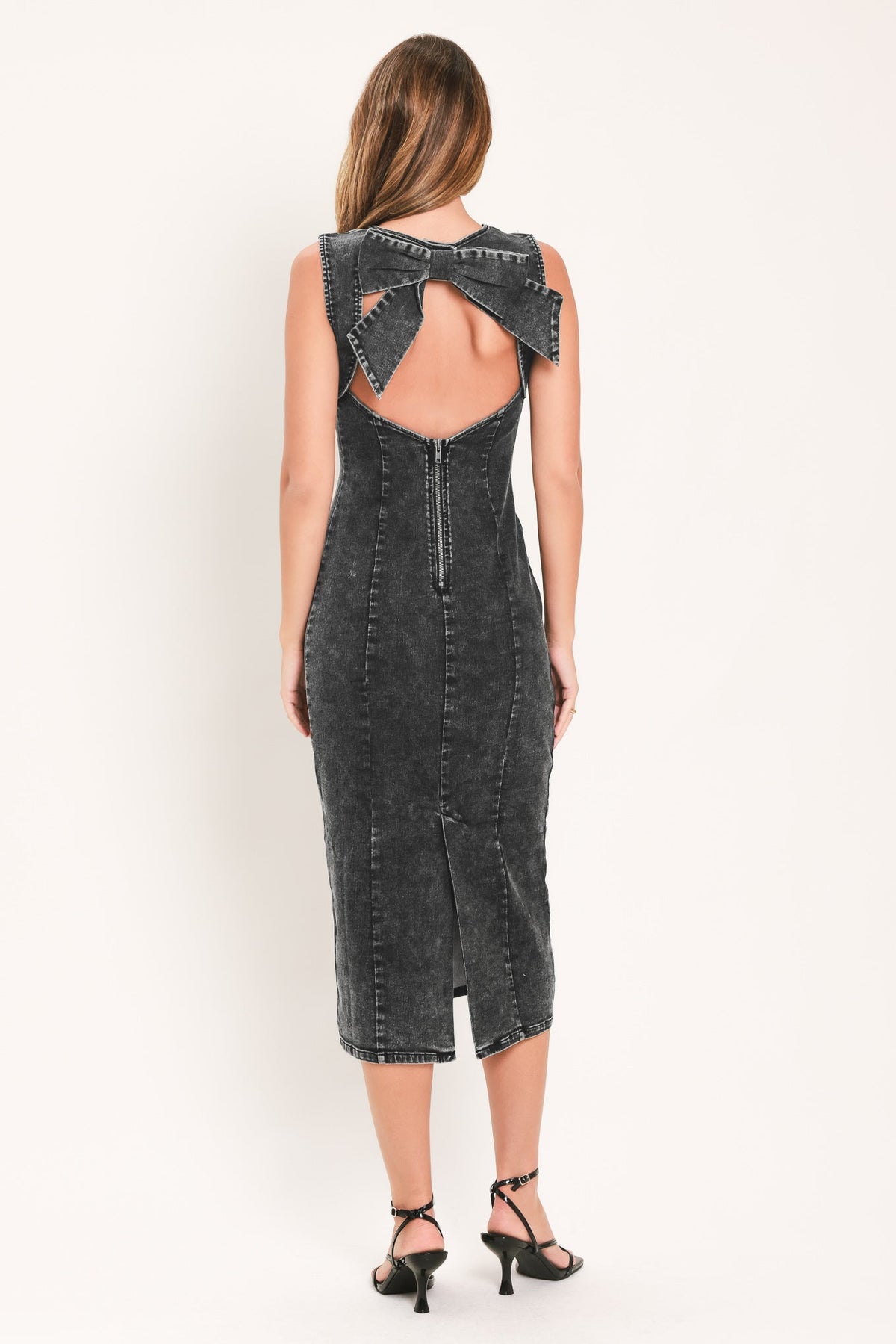 VINTAGE CHARCOAL SCULPT DENIM MIDI SHEATH DRESS - Flying Tomato - Flyclothing LLC