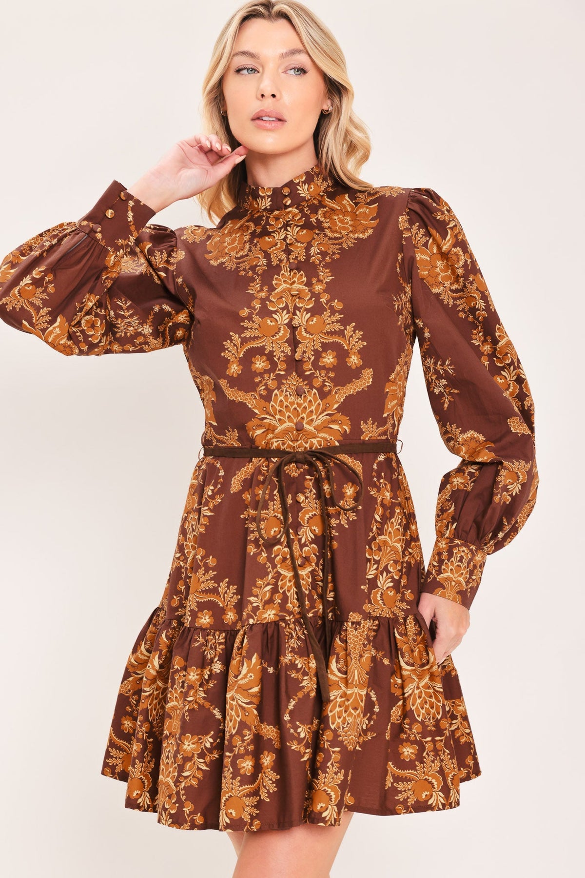 AUTUMN DAMASK SWAY WOVEN MINI DRESS - Flying Tomato - Flyclothing LLC