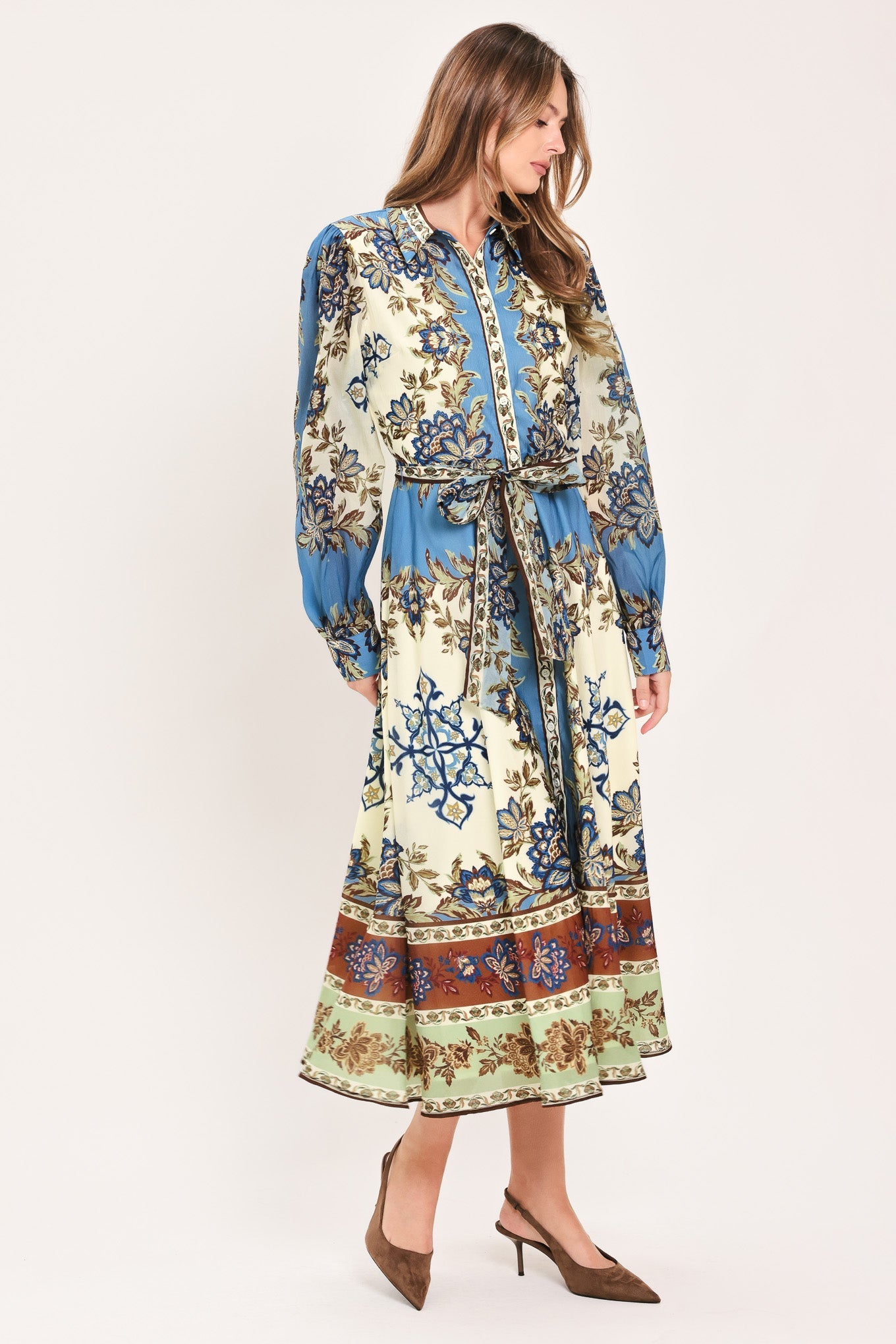 SKYBORNE ORNAMENTAL GRACE WOVEN MIDI SHIRT DRESS