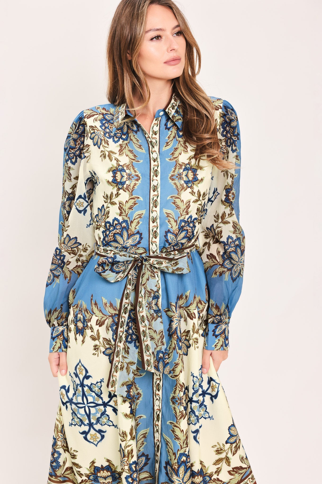 SKYBORNE ORNAMENTAL GRACE WOVEN MIDI SHIRT DRESS