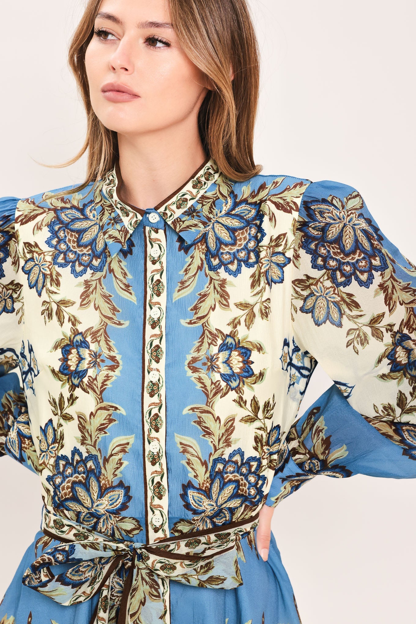 SKYBORNE ORNAMENTAL GRACE WOVEN MIDI SHIRT DRESS