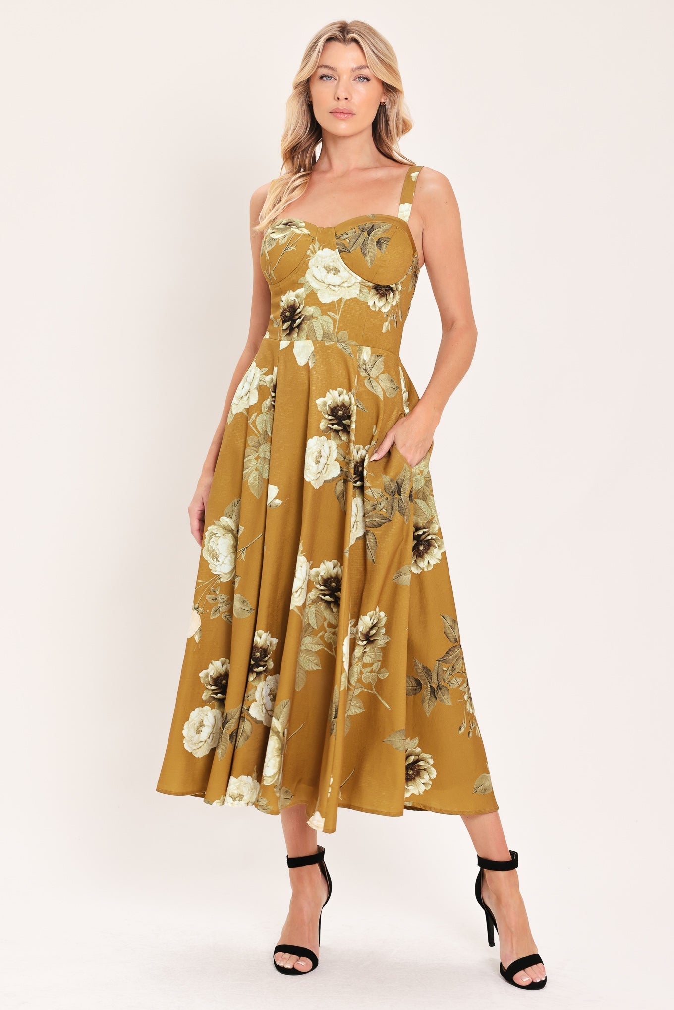 [PREORDER] MUSTARD ROSETTE MELODY WOVEN MIDI DRESS