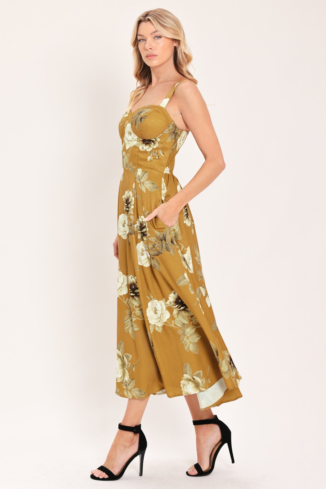 [PREORDER] MUSTARD ROSETTE MELODY WOVEN MIDI DRESS