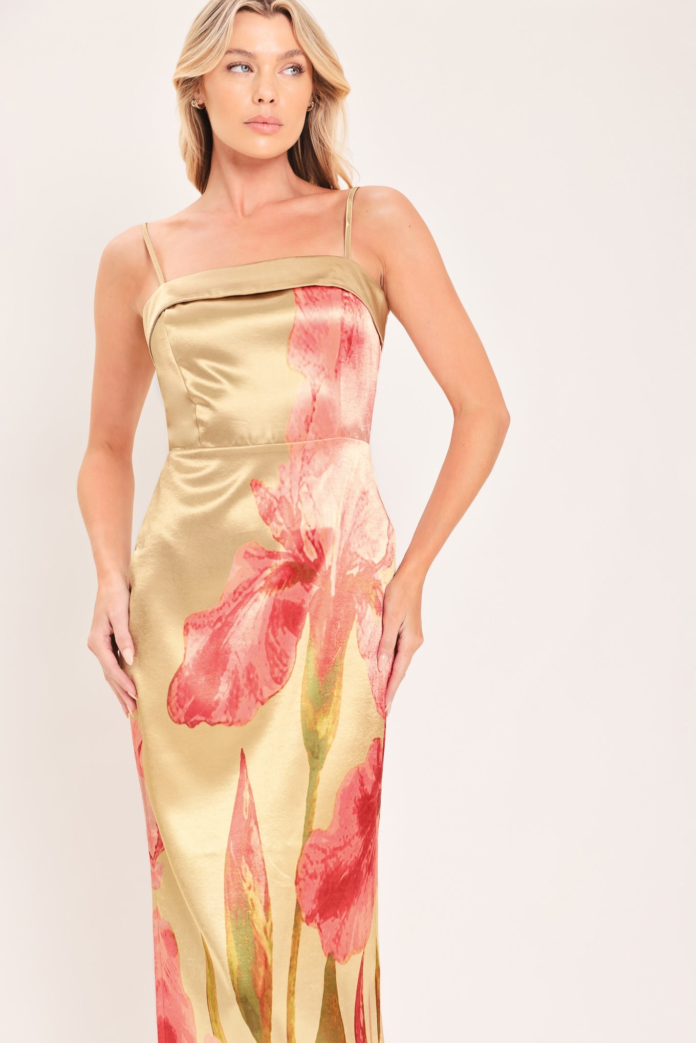 ROSÉ GARDEN GLEAM WOVEN COLUMN MAXI DRESS