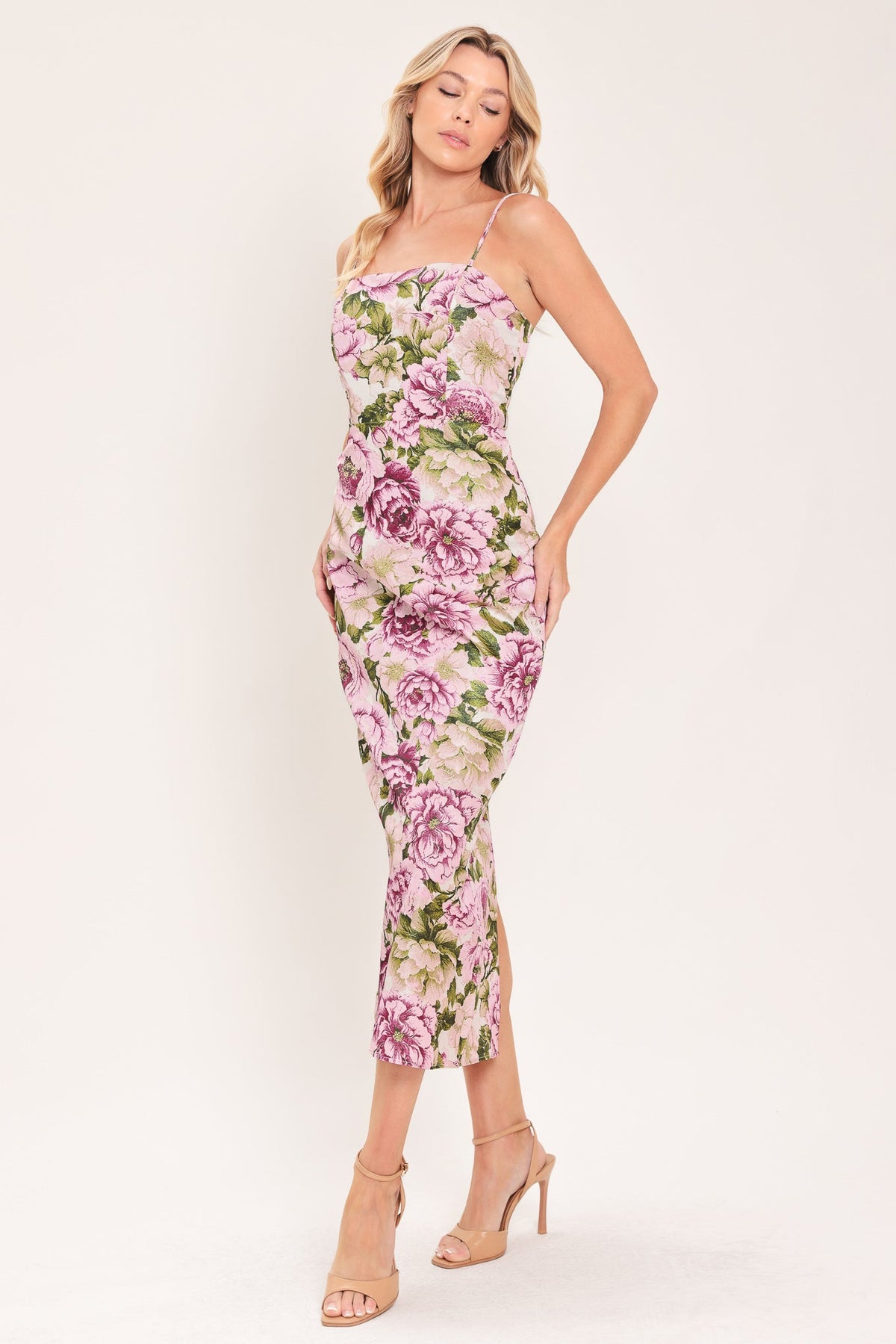 POWDER PETAL POISE JACQUARD WOVEN COLUMN DRESS - Flying Tomato - Flyclothing LLC