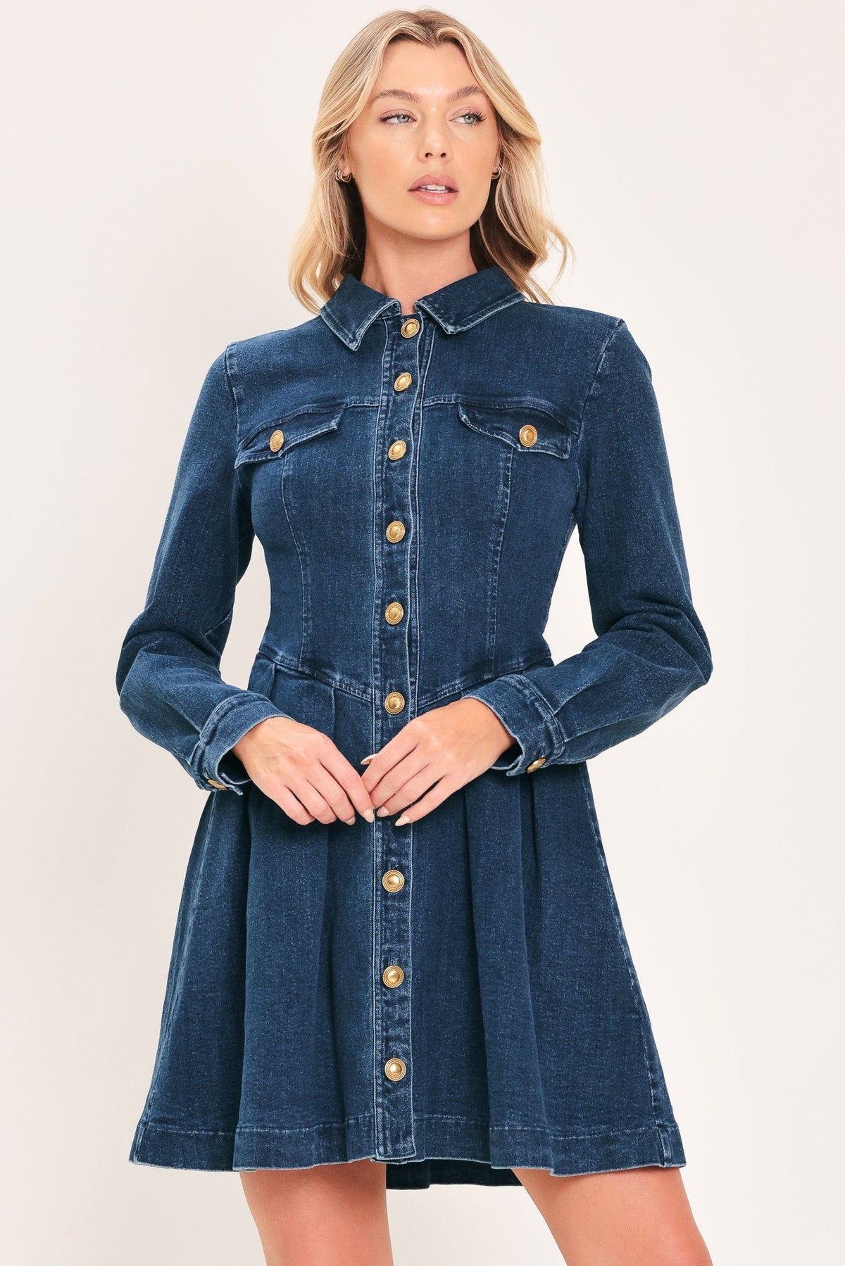 DENIM HERITAGE FLARE MINI DRESS - Flying Tomato - Flyclothing LLC