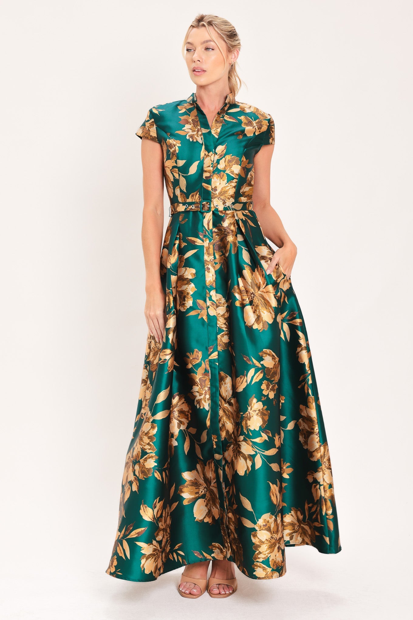 EMERALD GOLDEN BLOOM WOVEN MAXI DRESS