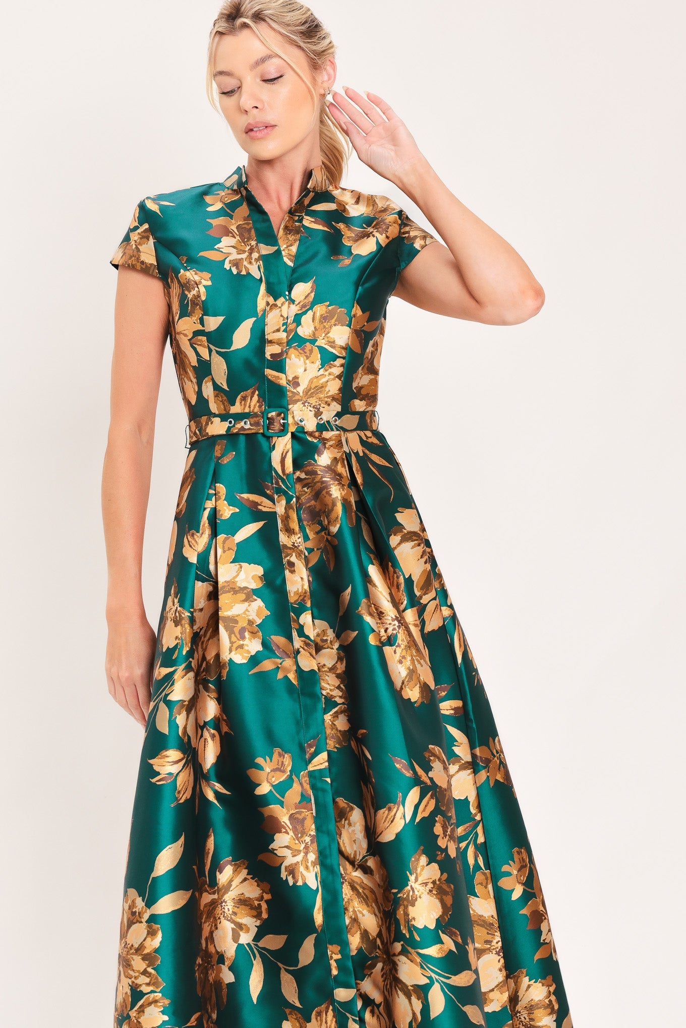 EMERALD GOLDEN BLOOM WOVEN MAXI DRESS