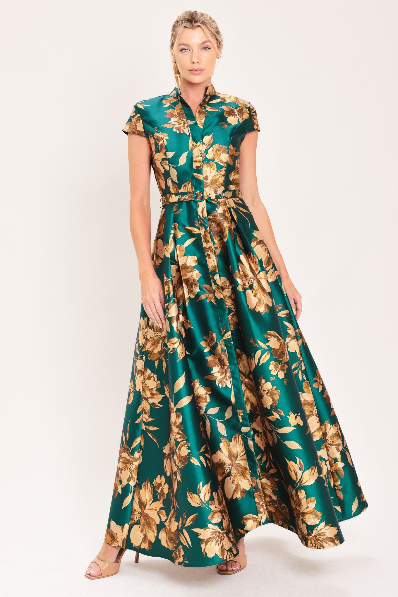 EMERALD GOLDEN BLOOM WOVEN MAXI DRESS