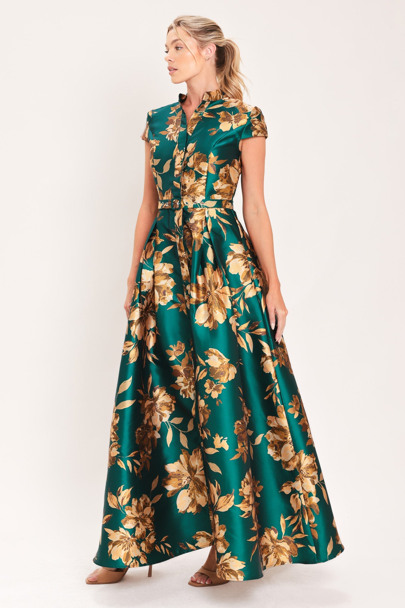 EMERALD GOLDEN BLOOM WOVEN MAXI DRESS