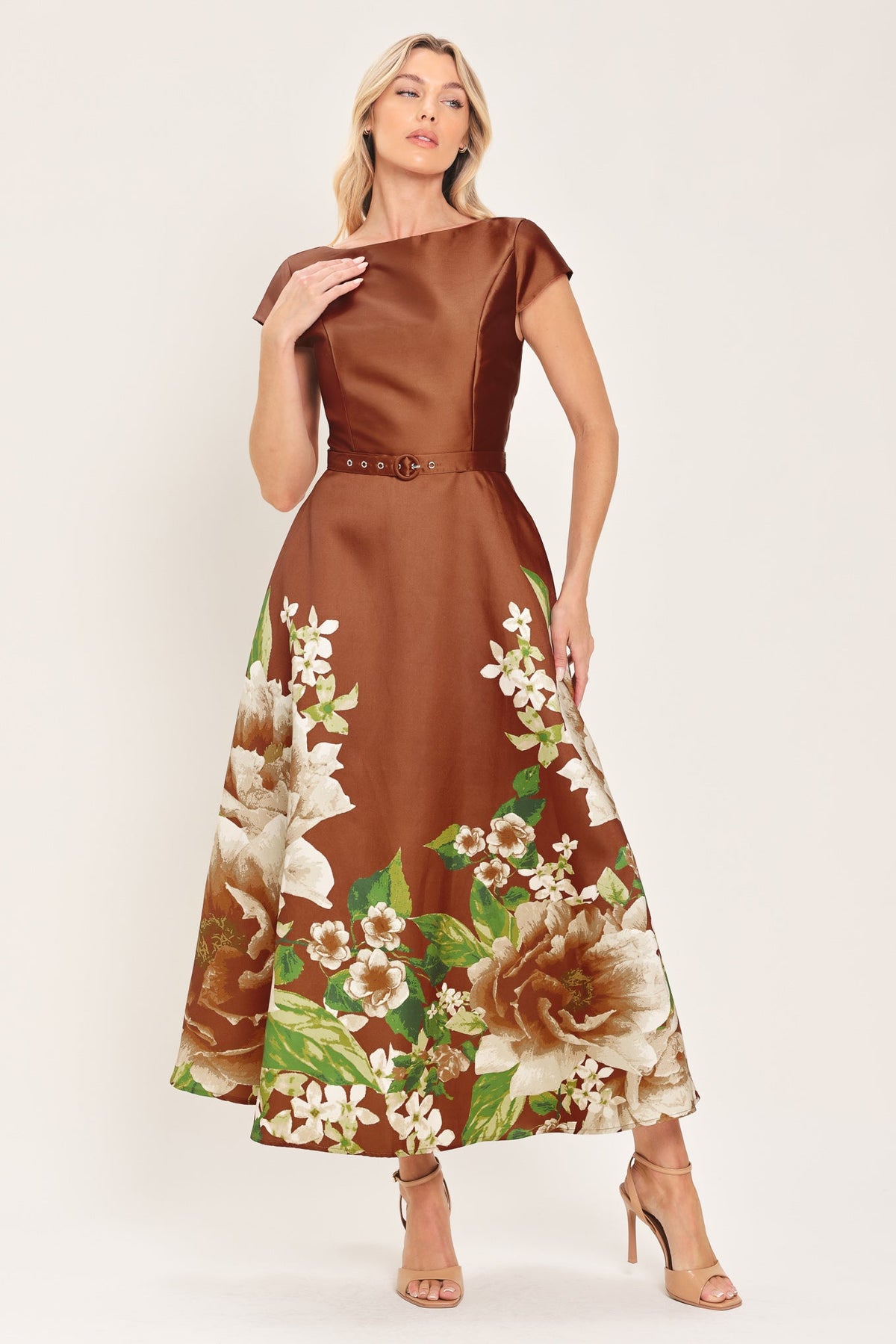 RUST REVERIE RUST PRINTED BELTED CIRCLE-SKIRT MIDI DRESS - Flying Tomato - Flyclothing LLC