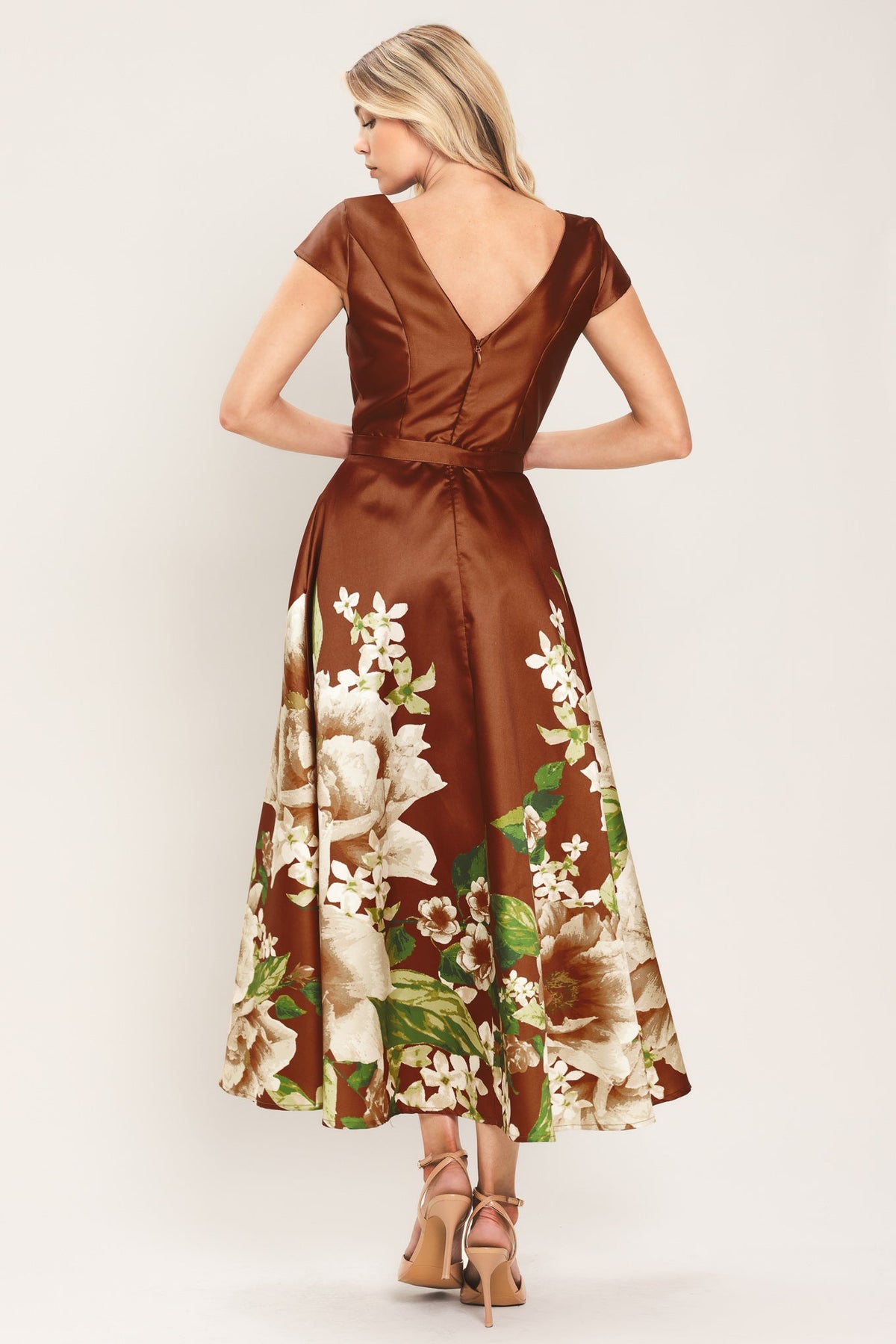 RUST REVERIE RUST PRINTED BELTED CIRCLE-SKIRT MIDI DRESS - Flying Tomato - Flyclothing LLC