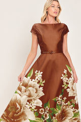 RUST REVERIE RUST PRINTED BELTED CIRCLE-SKIRT MIDI DRESS - Flying Tomato - Flyclothing LLC