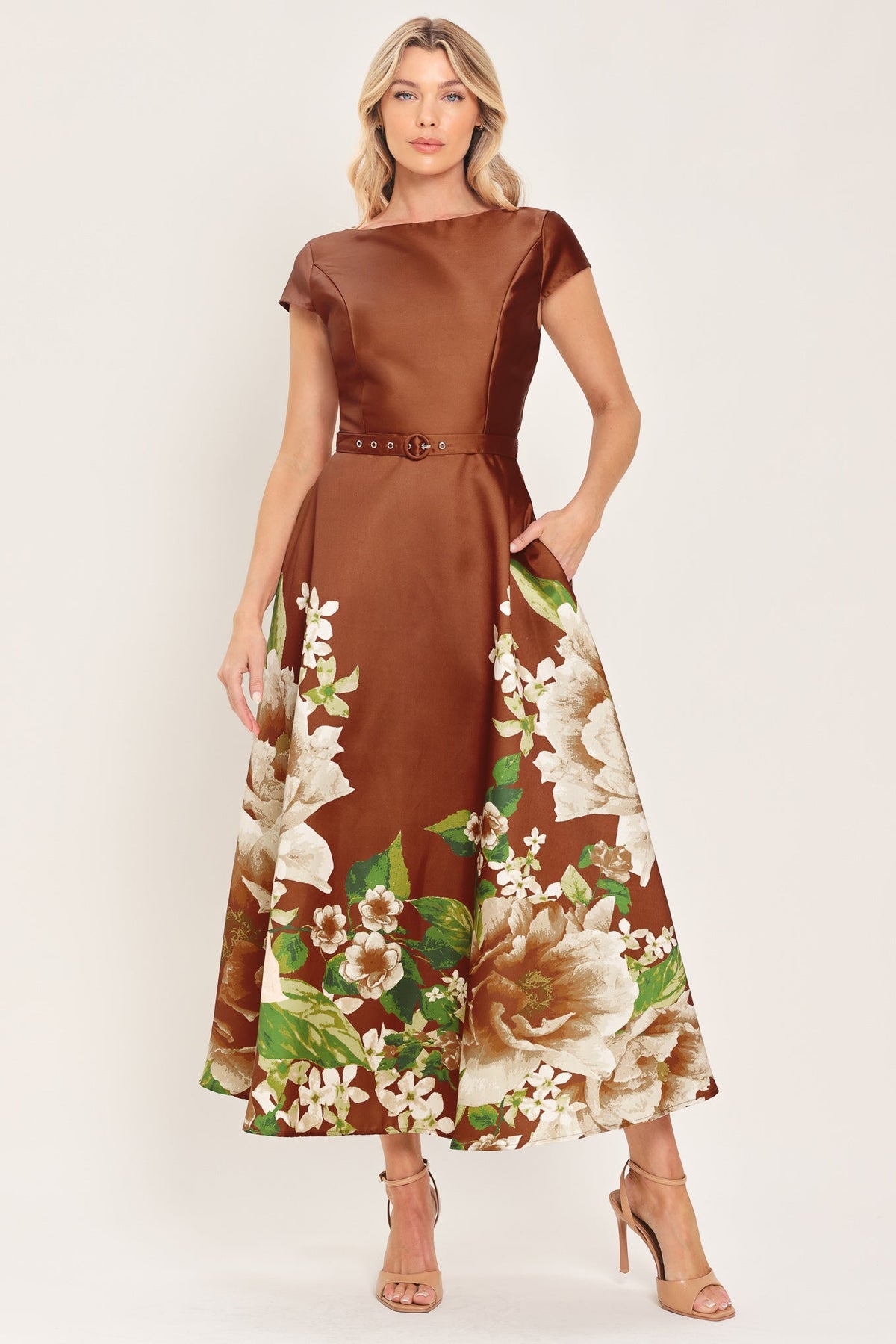 RUST REVERIE RUST PRINTED BELTED CIRCLE-SKIRT MIDI DRESS - Flying Tomato - Flyclothing LLC