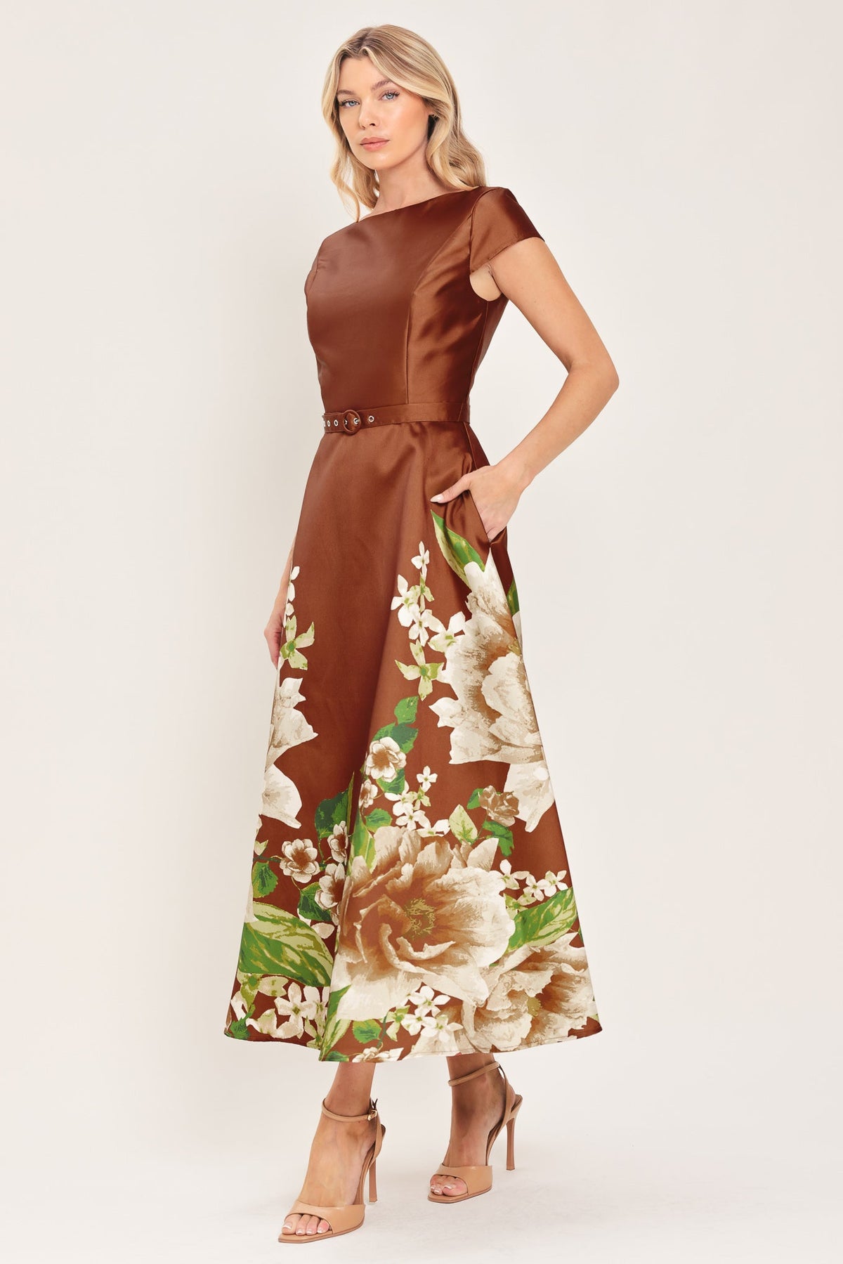 RUST REVERIE RUST PRINTED BELTED CIRCLE-SKIRT MIDI DRESS - Flying Tomato - Flyclothing LLC