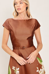 RUST REVERIE RUST PRINTED BELTED CIRCLE-SKIRT MIDI DRESS - Flying Tomato - Flyclothing LLC