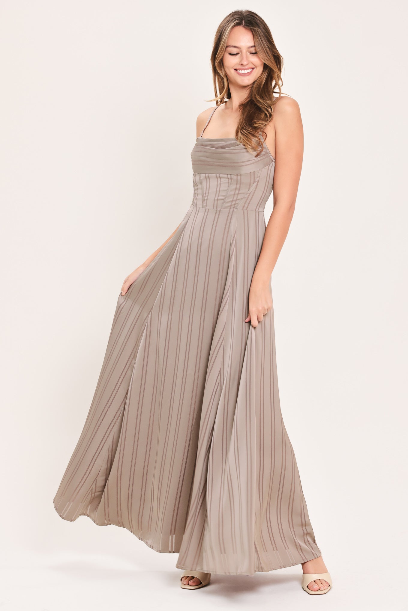 MISTED SILK DAYBREAK WOVEN SHADOW STRIPE MAXI DRESS