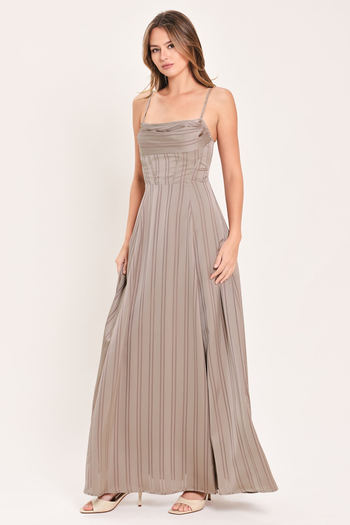 MISTED SILK DAYBREAK WOVEN SHADOW STRIPE MAXI DRESS